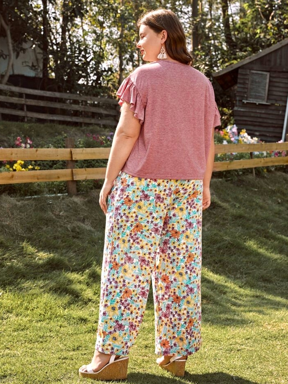 Floral Wide-Leg High-Waist Boho Trousers with Adjustable Drawstring - Size L - Picture 2 of 5